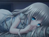 bed blonde_hair bloomers blue_eyes blue_ribbon blush clenched_hands dark dark_room flat_chest game_cg key_(company) kud_wafter light_smile little_busters! long_hair lying na-ga noumi_kudryavka official_art on_side pajamas ribbon side_slit smile very_long_hair // 800x600 // 547.0KB