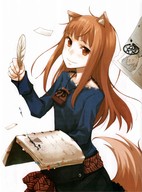 absurdres animal_ears ayakura_juu book brown_hair craft_lawrence feathers highres holo ink long_hair official_art pen red_eyes scan short_hair silver_hair smile spice_and_wolf tail wolf_ears // 3266x4420 // 2.0MB