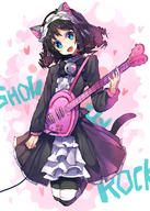 1girl animal_ears black_hair blue_eyes cat_ears cat_tail copyright_name cyan_(show_by_rock!!) fang guitar hairband instrument looking_at_viewer pantyhose short_hair show_by_rock!! smile solo striped striped_legwear tail ukyo_rst // 800x1120 // 585.8KB