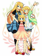 adult age_comparison ahoge alternate_hairstyle blonde_hair blue_eyes casual dress hair_ornament hairclip highres kagamine_rin long_hair mary_janes multiple_persona shoes tamura_hiro time_paradox vocaloid wink // 892x1200 // 263KB