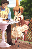 absurdres bose brown_hair chair closed_eyes digital_media_player eretto headphones highres ipod red_shoes ribbon skirt smile // 1636x2470 // 1.4MB