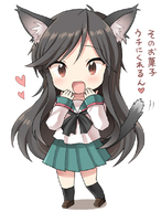 a_channel animal_ears black_hair black_legwear blush brown_eyes cat_ears cat_tail chibi hand_to_mouth inaho kemonomimi_mode long_hair open_clothes open_shirt school_uniform shirt simple_background tail translated yuuko_(a_channel) // 604x796 // 201KB