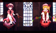 2girls ascot blonde_hair flandre_scarlet hat mary_janes multiple_girls purple_hair red_eyes remilia_scarlet shoes short_hair side_ponytail sono touhou wings // 2000x1176 // 1.3MB