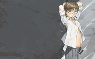 brown_eyes brown_hair glasses highres long_hair midriff open_clothes open_shirt skirt sleeves_rolled_up stretch wallpaper // 1680x1050 // 547.7KB