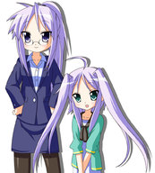 adult ahoge aqua_eyes business_suit cardigan formal glasses hands_on_hips hiiragi_kagami if_they_mated lucky_star pantyhose payot ponytail purple_eyes purple_hair rindou_(awoshakushi) simple_background suit tsurime twintails v_arms // 900x1000 // 132KB
