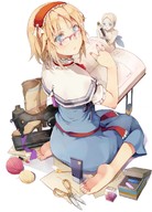 1girl alice_margatroid barefoot bespectacled blonde_hair blue_eyes book boots box capelet doll dress evers glasses hairband half_rim_glasses lipstick nail_polish open_book open_mouth paper sash scissors sewing_machine short_hair simple_background sitting solo thread touhou turning wariza white_background yarn // 800x1114 // 181KB