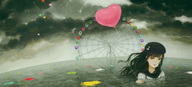 balloon beret black_hair cloud ferris_wheel hat heart kirobaito long_hair ocean solo tagme water wet wet_clothes yellow_eyes // 850x384 // 105KB