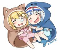 2girls :d animal_hood artist_name bangs barefoot blonde_hair blue_cloak blue_eyes blue_shirt blue_shorts blush brown_cloak chibi cloak closed_eyes collared_shirt commentary cosplay dress_shirt drooling english_commentary eyebrows_visible_through_hair gawr_gura hair_ornament headband himouto!_umaru-chan hitsukuya hololive hololive_english hood hood_up hooded_cloak komaru komaru_(cosplay) mouth_drool multicolored_hair multiple_girls nose_bubble open_mouth pink_shirt pink_shorts shark_hood sharp_teeth shirt short_shorts short_sleeves shorts signature silver_hair simple_background smile streaked_hair teeth virtual_youtuber watson_amelia white_background // 1239x1035 // 131.2KB