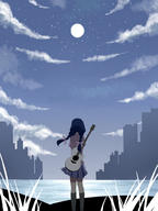 1girl black_hair braid guitar hanekawa_tsubasa instrument monogatari_(series) moon solo twin_braids // 750x1000 // 120.3KB