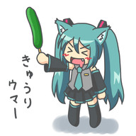 1girl :d >_< animal_ears aqua_hair blush_stickers cat_ears chibi cucumber detached_sleeves drooling food hatsune_miku kakushiaji kemonomimi_mode lowres necktie open_mouth smile solo stick translated twintails vocaloid xd // 500x500 // 82KB