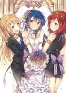 1girl 3girls ayase_eli bare_shoulders blonde_hair blue_eyes blue_hair blush bouquet choker cleavage_cutout cozyquilt earrings elbow_gloves flower formal girl_sandwich gloves highres jewelry long_hair love_live!_school_idol_project multiple_girls nishikino_maki purple_eyes red_hair sandwiched short_hair skirt_suit smile sonoda_umi suit yellow_eyes // 859x1214 // 1.3MB