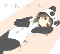 600224 animal_costume black_hair brown_eyes buttons funami_yui leaf lying on_back pajamas panda panda_costume solo yuru_yuri // 1000x900 // 190.9KB