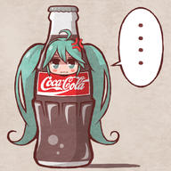  1girl anger_vein bottle chibi coca-cola cola_miku cosplay green_eyes green_hair hatsune_miku in_bottle in_container long_hair pout sakichi_(gyro7msk) solo twintails very_long_hair vocaloid // 700x700 // 70KB