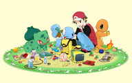 agemono annotated apple_core backpack bag baseball_cap berries brown_eyes brown_hair bulbasaur candy charmander clefairy clefairy_(cameo) cookie fire food fruit great_ball hat jacket jeans map mushroom open_mouth pikachu_(cameo) pocket_monsters_(manga) poke_ball pokedex pokemon pokemon_(game) pokemon_firered_and_leafgreen red_(pokemon) rope socks spoon spring_onion squatting squirtle stone stuffed_animal stuffed_toy television ultra_ball water_bottle wink // 1000x633 // 175KB