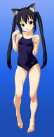 animal_ears barefoot black_eyes brown_eyes cat_ears cat_pose highres k-on! long_hair nakano_azusa norizou_type-r one-piece_swimsuit swimsuit twintails // 800x2000 // 460KB