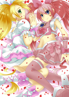 blonde_hair blue_eyes blush boots bow brooch cherry_blossoms cure_melody cure_rhythm dress earrings green_eyes heart houjou_hibiki jewelry long_hair lying magical_girl midriff minamino_kanade navel open_mouth pink_hair precure skirt smile suite_precure tamo_space thigh-highs twintails very_long_hair wrist_cuffs // 724x1023 // 638.0KB