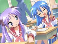 2girls blue_hair classroom desk game_cg happy hiiragi_kagami izumi_konata long_hair lucky_star pencil purple_hair raki_kosu school_uniform serafuku smile tagme v // 600x450 // 49.3KB