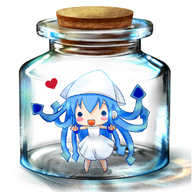 3d blue_hair chibi dress hat heart ikamusume jar lilita_(lilichi) long_hair open_mouth shinryaku!_ikamusume solo tentacle_hair tentacles // 800x800 // 90.5KB