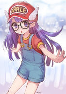 1girl baseball_cap blush clothes_writing dr._slump glasses hat long_hair looking_at_viewer meto31 norimaki_arale overalls purple_eyes purple_hair solo winged_hat // 600x849 // 348KB