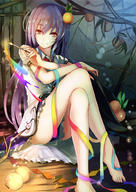 1girl art_brush barefoot blue_hair colorful crossed_legs food frills fruit hair_ornament hat hat_removed headwear_removed hinanawi_tenshi leaf long_hair looking_at_viewer nakaichi_(ridil) on_floor paintbrush peach puffy_sleeves red_eyes ribbon shirt short_sleeves sitting skirt smile solo touhou vest // 700x990 // 330.7KB