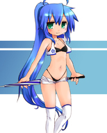 :3 bikini blue_hair green_eyes izumi_konata long_hair lucky_star mel_(artist) ponytail race_queen swimsuit thighhighs umbrella vest // 800x1000 // 302.3KB