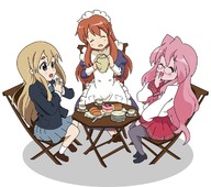 3girls alternate_costume asahina_mikuru cake crossover food k-on! kotobuki_tsumugi lucky_star maid multiple_girls pantyhose pastry sarushibai school_uniform suzumiya_haruhi_no_yuuutsu takara_miyuki tea // 1186x1050 // 180KB
