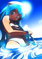 bloom blue_eyes blue_hair hat highres ikamusume kaburaya_seiden long_hair ocean shinryaku!_ikamusume solo sun tentacle_hair wading water white_swimsuit // 1024x1446 // 1019KB