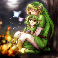 age_difference campfire cloud couple elf fairy green_eyes green_hair hat hug instrument leggings link night nintendo ocarina pointy_ears saria short_hair sitting smile suzuno_(pixiv) the_legend_of_zelda tree tunic // 700x700 // 116.6KB