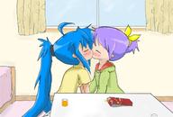 2girls ahoge blue_hair blush eyes_closed hiiragi_tsukasa hoodie izumi_konata kiss lucky_star multiple_girls pocky ponytail purple_hair room short_hair yuri // 639x432 // 63.7KB