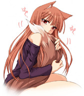 animal_ears biting brown_hair fang holo long_hair ndemotte off_shoulder red_eyes spice_and_wolf tail tail_biting tail_fondling tail_hug wolf_ears wolf_tail // 728x827 // 116KB