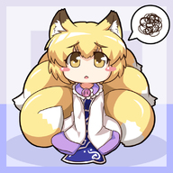 1girl animal_ears blonde_hair blush_stickers chibi child commentary dress eyebrows fox_ears fox_tail large_buttons long_sleeves mesou-san multiple_tails no_hat no_headwear open_mouth oversized_clothes short_hair sitting sleeves_past_wrists solo spoken_squiggle squiggle tabard tail touhou v_arms white_dress yakumo_ran yellow_eyes // 800x800 // 321KB
