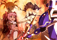 2girls against_wall battle bow_(weapon) bun150 cracks crossover kaname_madoka mahou_shoujo_lyrical_nanoha mahou_shoujo_lyrical_nanoha_the_movie_1st mahou_shoujo_madoka_magica multiple_girls official_style outstretched_arm pink_hair raising_heart scared shadow short_hair sitting takamachi_nanoha tears weapon white_devil you_gonna_get_raped // 1000x707 // 676.7KB