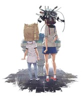 absurdres bag bag_on_head brown_hair commentary from_behind hat highres legs original paper_bag short_hair skirt tatsuwo wristband // 2893x3408 // 3.8MB