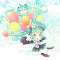 1girl balloon bird detached_sleeves flying green_eyes green_hair hachune_miku hatsune_miku long_hair necktie niwako open_mouth skirt sky sleeves_past_wrists solo thighhighs twintails very_long_hair vocaloid // 848x848 // 436.7KB