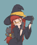 1girl bangs bell black_gloves blunt_bangs cat commentary glasses gloves hat highres long_hair original red_eyes red_hair robe simple_background solo star wide_sleeves witch witch_hat yukimoto_shuuji_(gurigura) // 1225x1500 // 453.5KB