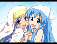:3 blue_eyes blue_hair crossover green_eyes habit hat holding_hands ikamusume index maita nun robe shinryaku!_ikamusume silver_hair smile to_aru_majutsu_no_index // 1200x930 // 812.4KB
