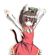 \o aikata animal_ears arms_up blush_stickers bowtie brown_eyes brown_hair cat_ears cat_tail chen fang happy hat jewelry looking_at_viewer multiple_tails no_nose open_mouth outstretched_arms short_hair single_earring smile solo stretch tail touhou // 564x600 // 96KB