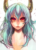 aqua_hair bad_id close-up ex-keine eyelashes face fangs green_hair highres horns kamishirasawa_keine lips long_hair open_mouth portrait red_eyes slit_pupils solo tcb touhou // 1234x1712 // 1.4MB