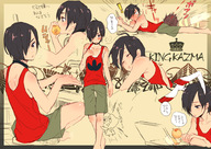 androgynous animal_ears barefoot black_eyes black_hair blush brown_hair bunny_ears computer eating food hair_over_one_eye headphones ikezawa_kazuma kumonosuke lying male on_stomach partially_colored partially_translated shorts sitting sketch socks summer_wars surprised sweat tan tank_top tanline translated translation_request // 1000x706 // 265.2KB