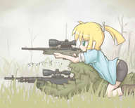 blonde_hair call_of_duty_4 ghillie_suit grass green_eyes gun iris_(material_sniper) lying m_21 material_sniper ponytail rifle ruku_rx scope sleeves_rolled_up sniper_rifle straddle translated weapon // 1000x800 // 75KB