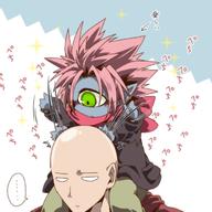  0nodera 2boys annoyed bald blank_eyes blue_skin blush carrying_over_shoulder child coat cyclops directional_arrow green_eyes long_sleeves lord_boros male_focus motion_lines multiple_boys one-eyed onepunch_man pants pink_scarf pointy_ears saitama_(onepunch_man) scarf sitting_on_shoulder sparkle speech_bubble spiked_hair spoken_ellipsis younger // 680x680 // 286.4KB