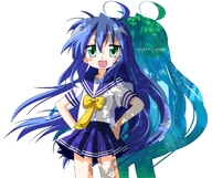 blue_hair green_eyes hands_on_hips izumi_konata long_hair lucky_star rindou_(awoshakushi) school_uniform serafuku shadow // 1250x1050 // 589.9KB