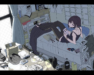 amazon_(company) arm_support barefoot bed box bracelet can cardboard_box cd_player character_doll charlotte_(madoka_magica) chopsticks controller digital_media_player dreamcast earbuds flat_chest food game_boy jewelry kenja_tori keychain letterboxed looking_back mahou_shoujo_madoka_magica messy_room miki_sayaka minidisc minidisc_player mouth_hold original playing_games potato_chips reclining remote_control short_hair solo stereo super_famicom tank_top trash_bag trashcan vhs video_game water_bottle wonderswan // 1280x1024 // 325KB