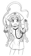 1girl anbe_masahiro bandages bandaid bracelet cosplay highres ikamusume jewelry monochrome nurse open_mouth shinryaku!_ikamusume solo stethoscope syringe tentacle_hair tentacles // 850x1500 // 289.6KB