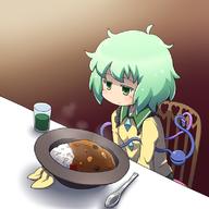 1girl chair curry food glass green_eyes green_hair hat heart jinnouchi_akira komeiji_koishi short_hair sitting solo spoon table third_eye touhou // 800x800 // 398KB
