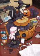 halloween hat inemuri_uno jack-o'-lantern original pink_hair pumpkin socks striped striped_socks witch_hat // 708x1000 // 261.8KB