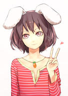 1girl alternate_costume alternate_eye_color animal_ears brown_eyes brown_hair bunny_ears carrot casual contemporary face heart inaba_tewi jewelry light_smile looking_at_viewer necklace pt shirt short_hair solo striped striped_shirt touhou unbuttoned v // 680x961 // 381.2KB