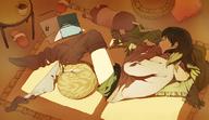 ame_(conronca) brown_hair cat closed_eyes cup cushion eraser fetal_position from_above hoodie light loose_thighhigh lying mug on_floor on_side original ruler shade shorts sleeping slippers solo thighhigh_dangle thighhighs window_shade // 800x461 // 549KB