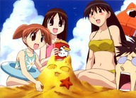 3girls a azumanga_daiou beach bikini buried chiyo_chichi highres kasuga_ayumu kimura mihama_chiyo multiple_girls one-piece_swimsuit sakaki sand swimsuit // 1665x1200 // 348.1KB