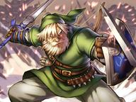 1boy arrow battle beard belt blonde_hair blue_eyes bow_(weapon) facial_hair hat knife link male manly master_sword nintendo old pointy_ears quiver scar shield sparks sword the_legend_of_zelda throwing_knife weapon yapo_(croquis_side) // 1024x767 // 1.2MB